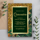 Faux Gold Glitter Emerald Green Marble Quinceanera Kaart