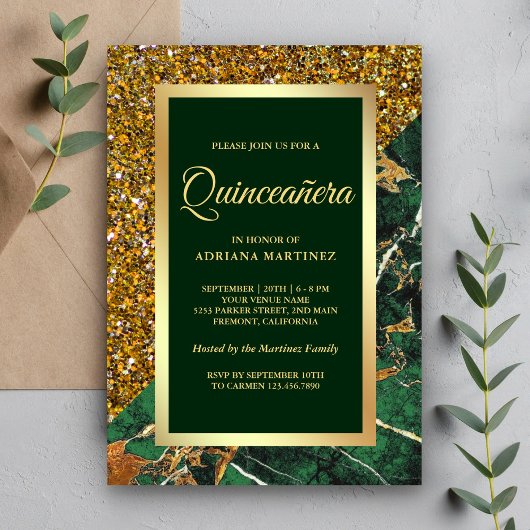 Faux Gold Glitter Emerald Green Marble Quinceanera Kaart