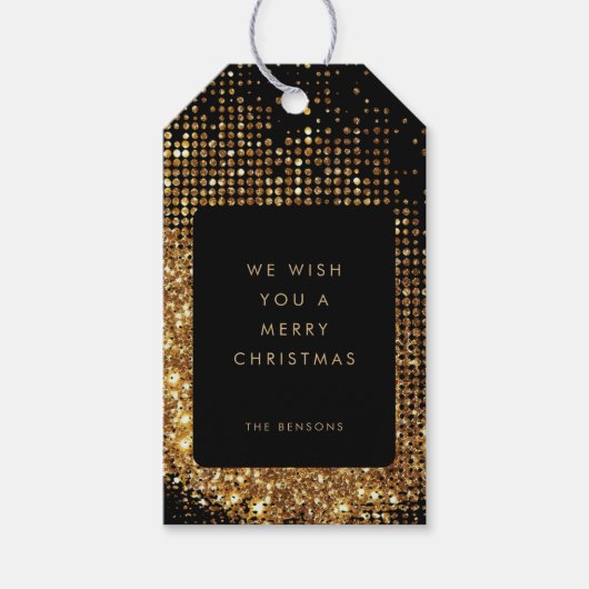 Faux Gold Glitter en Black Merry Christmas Cadeaulabel (Voorkant)