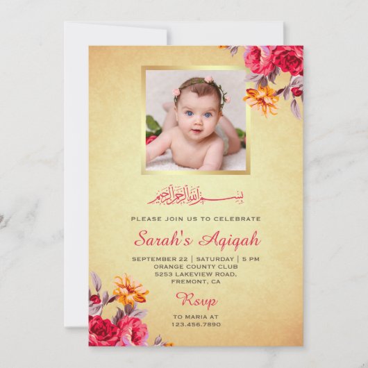 Faux Gold Glitter Floral Baby Meisje Foto Aqiqah Kaart (Voorkant)
