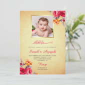 Faux Gold Glitter Floral Baby Meisje Foto Aqiqah Kaart (Staand voorkant)
