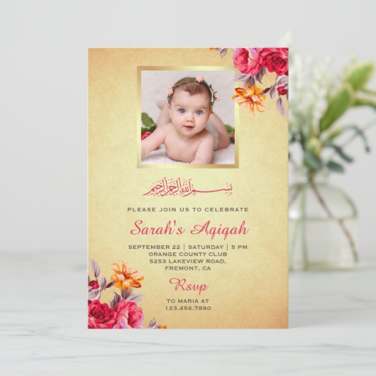 Faux Gold Glitter Floral Baby Meisje Foto Aqiqah Kaart (Staand voorkant)