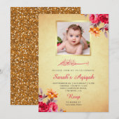 Faux Gold Glitter Floral Baby Meisje Foto Aqiqah Kaart (Voorkant / Achterkant)