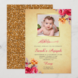 Faux Gold Glitter Floral Baby Meisje Foto Aqiqah Kaart