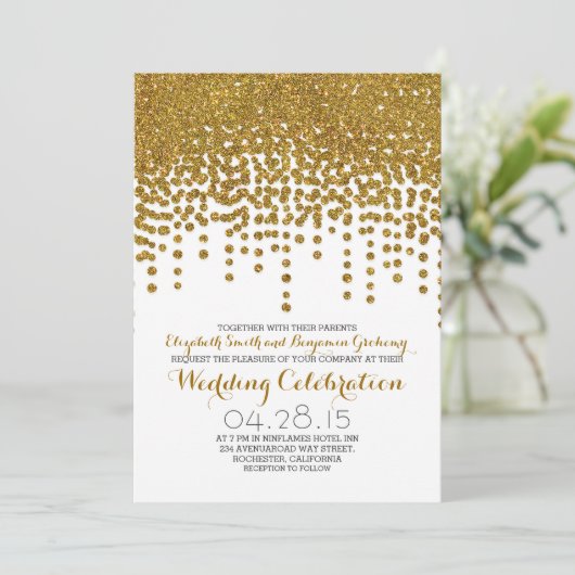 Faux Gold glitter folie confetti bruiloft uitnodig Kaart (Staand voorkant)