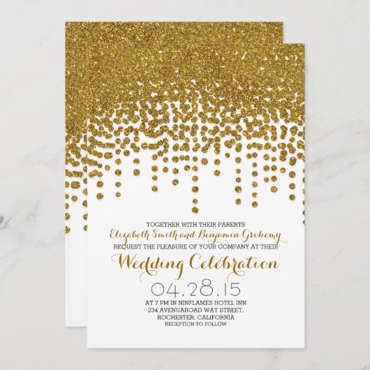 Faux Gold glitter folie confetti bruiloft uitnodig Kaart (Voorkant / Achterkant)