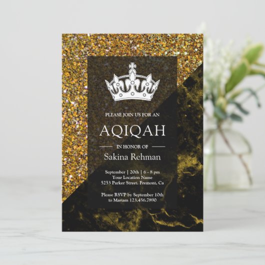 Faux Gold Glitter Goud Marmer Aqeeqah | Aqiqah Kaart (Staand voorkant)