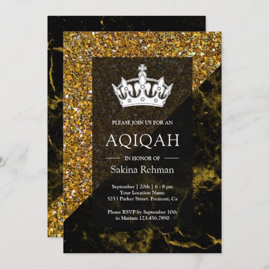 Faux Gold Glitter Goud Marmer Aqeeqah | Aqiqah Kaart (Voorkant / Achterkant)