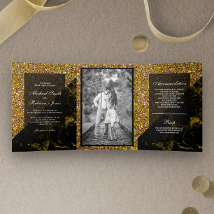 Faux Gold Glitter Goud Marmer Bruiloft Foto Drieluik Uitnodiging