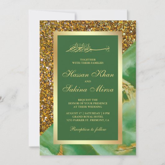 Faux Gold Glitter Groen Marmer Moslim Bruiloft Kaart (Voorkant)