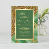 Faux Gold Glitter Groen Marmer Moslim Bruiloft Kaart (Staand voorkant)