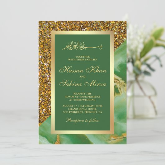 Faux Gold Glitter Groen Marmer Moslim Bruiloft Kaart (Staand voorkant)