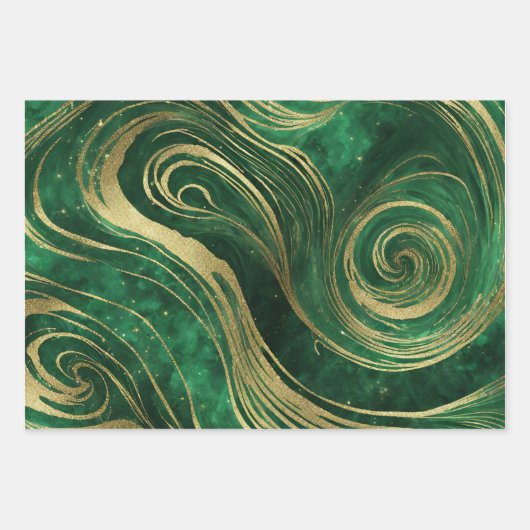 Faux Gold Glitter Groen Marmer Swirls AI Art Inpakpapier Vel (Voorkant 3)