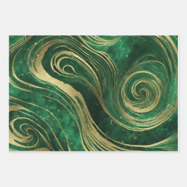 Faux Gold Glitter Groen Marmer Swirls AI Art Inpakpapier Vel