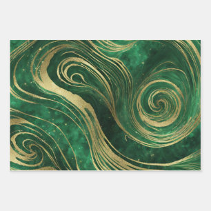 Faux Gold Glitter Groen Marmer Swirls AI Art Inpakpapier Vel
