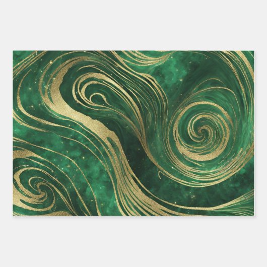 Faux Gold Glitter Groen Marmer Swirls AI Art Inpakpapier Vel (Voorkant)