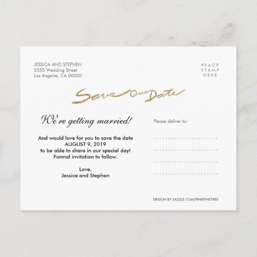 Faux Gold Glitter Handwrite Save Our Date Briefkaa Aankondigingskaart (Achterkant)