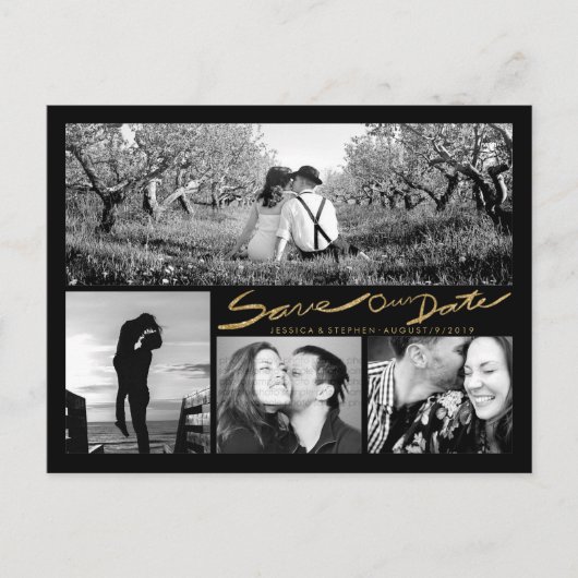 Faux Gold Glitter Handwrite Save Our Date Briefkaa Aankondigingskaart (Voorkant)