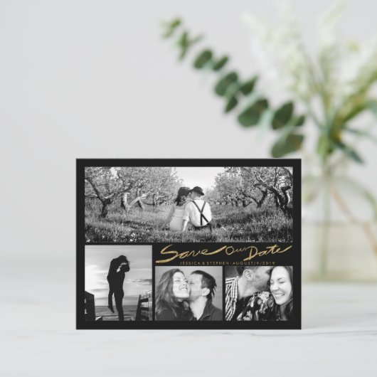 Faux Gold Glitter Handwrite Save Our Date Briefkaa Aankondigingskaart (Staand voorkant)