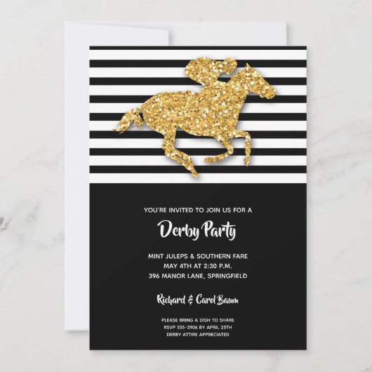 Faux Gold Glitter Horse & Stripes Derby Uitnodigin (Voorkant)