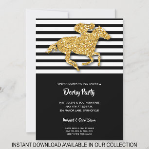 Faux Gold Glitter Horse & Stripes Derby Uitnodigin