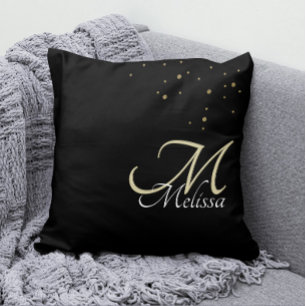 Faux Gold Glitter + Ingegreineerd Gold Monogram zw Kussen