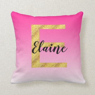 Faux Gold Glitter Initiaal Letter E Roze gradiënt Kussen