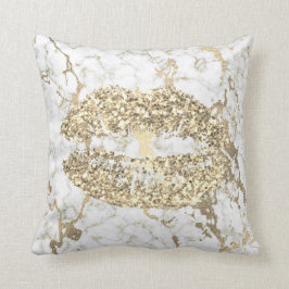Faux Gold Glitter Kiss Lips Makeup White marmer Kussen