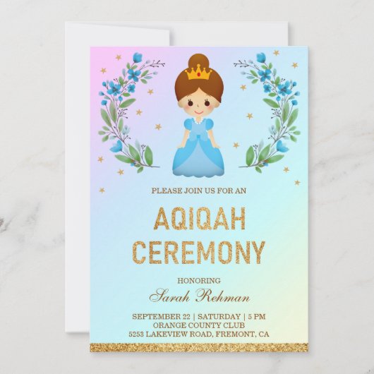 Faux Gold Glitter Leuk Blauw Prinses Aqiqah Kaart (Voorkant)