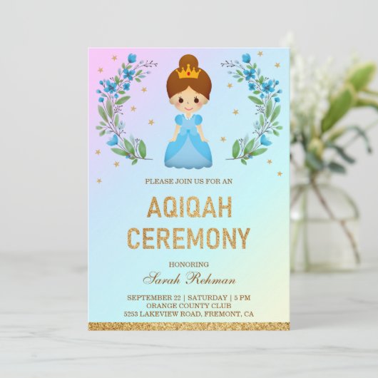 Faux Gold Glitter Leuk Blauw Prinses Aqiqah Kaart (Staand voorkant)