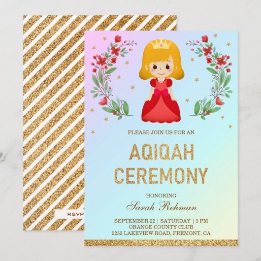 Faux Gold Glitter Leuke Rode Prinses Aqiqah Kaart (Voorkant / Achterkant)