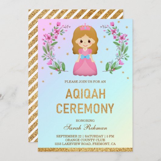 Faux Gold Glitter Leuke Roze Prinses Aqiqah Kaart (Voorkant / Achterkant)