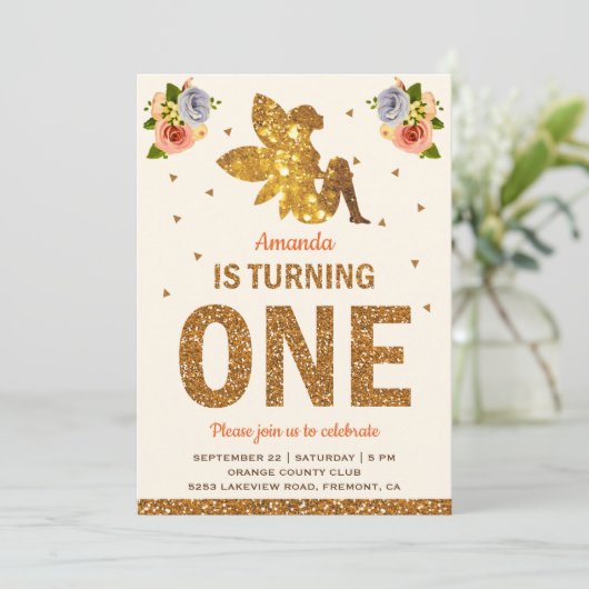 Faux Gold Glitter Magische Fairy 1e Verjaardagsfee Kaart (Staand voorkant)