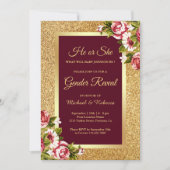 Faux Gold Glitter Maroon Bloemen Geslacht Onthulle Kaart (Voorkant)