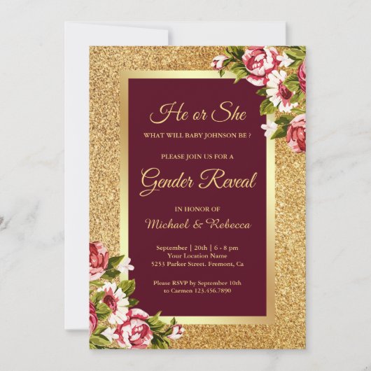 Faux Gold Glitter Maroon Bloemen Geslacht Onthulle Kaart (Voorkant)