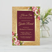 Faux Gold Glitter Maroon Bloemen Geslacht Onthulle Kaart (Staand voorkant)