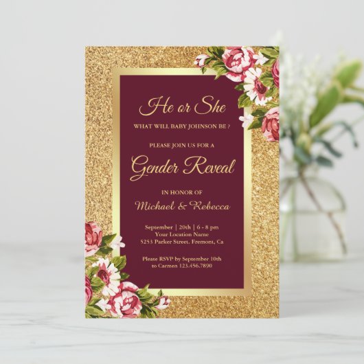 Faux Gold Glitter Maroon Bloemen Geslacht Onthulle Kaart (Staand voorkant)