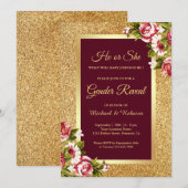 Faux Gold Glitter Maroon Bloemen Geslacht Onthulle Kaart (Voorkant / Achterkant)