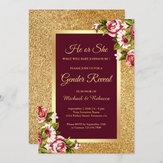 Faux Gold Glitter Maroon Bloemen Geslacht Onthulle Kaart (Voorkant / Achterkant)