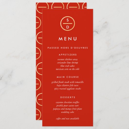 Faux Gold Glitter Monogram Rood Bruiloft Menu (Voorkant / Achterkant)