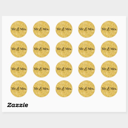 Faux Gold Glitter Mr. & Mrs Wedding Ronde Sticker (Vel)