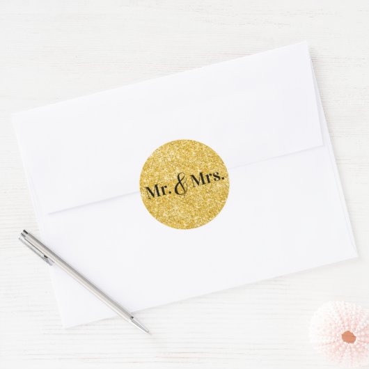 Faux Gold Glitter Mr. & Mrs Wedding Ronde Sticker (Envelop)