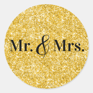Faux Gold Glitter Mr. & Mrs Wedding Ronde Sticker