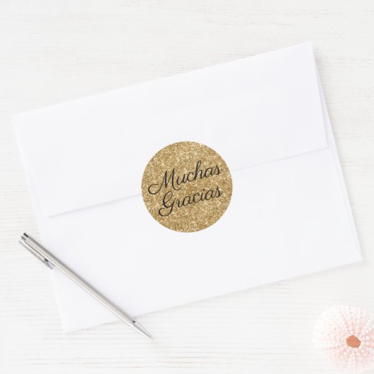 Faux Gold Glitter Muchas Gracias Ronde Sticker (Envelop)