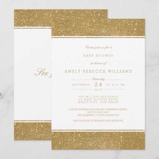 Faux Gold Glitter Neutraal Baby shower Invite Kaart (Voorkant / Achterkant)