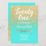 Faux gold glitter ombre aqua 21st Birthday Kaart<br><div class="desc">Faux gold glitter ombre op aqua blue 21st Birthday Een moderne uitnodiging van de 21ste verjaardag van de verjaardag met een moderne, originele en eenvoudige faux goudglitter-uitnodiging en handgeschreven stijl borsteltypografie op een volledig aanpasbare pastelaqua blauwe kleurachtergrond. Als u een gewijzigde en aangepaste tekst nodig hebt, aarzel dan niet om...</div>