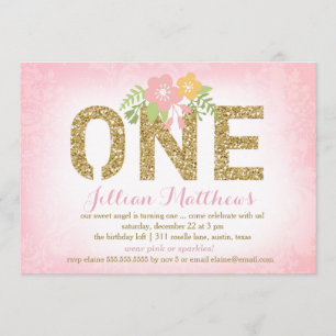 Faux Gold Glitter One First Birthday Kaart