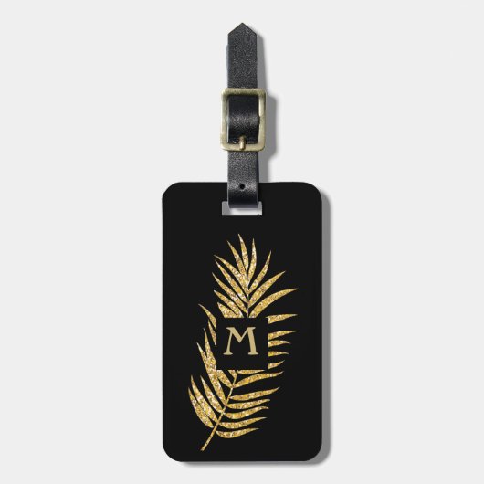 Faux Gold Glitter Palm Tree on Black Tropical Bagagelabel (Voorkant verticaal)
