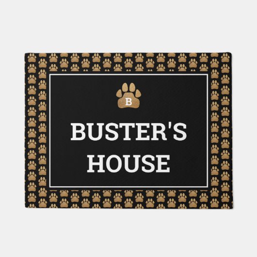 Faux Gold Glitter Paw Print Dog Name Deurmat (Voorkant)