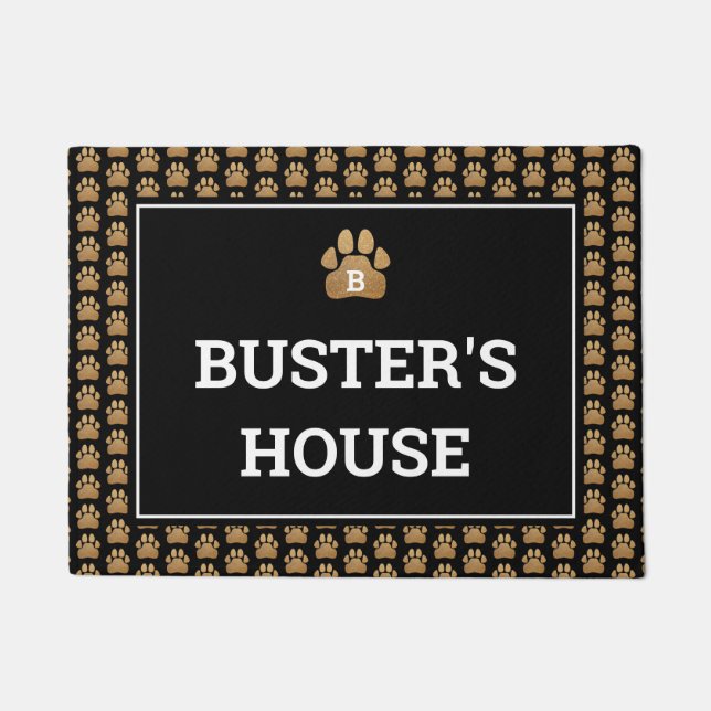 Faux Gold Glitter Paw Print Dog Name Deurmat (Voorkant)